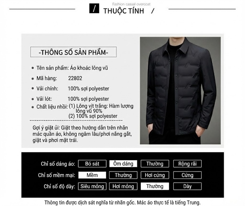 Áo Khoác Phao Nam Lông Vũ Mỏng Nhẹ Cổ Bẻ Màu Xám, Xanh Navy, Đen chi tiết 9