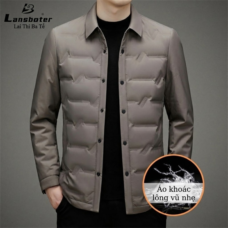 Áo Khoác Phao Nam Lông Vũ Mỏng Nhẹ Cổ Bẻ Màu Xám, Xanh Navy, Đen