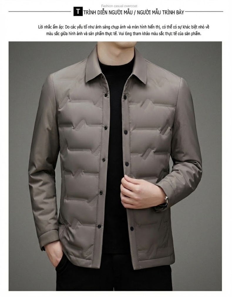 Áo Khoác Phao Nam Lông Vũ Mỏng Nhẹ Cổ Bẻ Màu Xám, Xanh Navy, Đen chi tiết 20