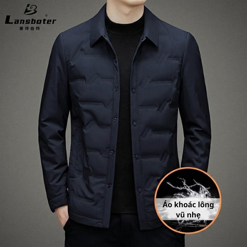 Áo Khoác Phao Nam Lông Vũ Mỏng Nhẹ Cổ Bẻ Màu Xám, Xanh Navy, Đen