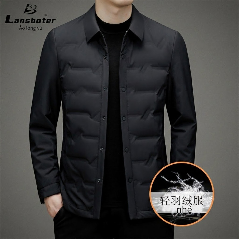 Áo Khoác Phao Nam Lông Vũ Mỏng Nhẹ Cổ Bẻ Màu Xám, Xanh Navy, Đen