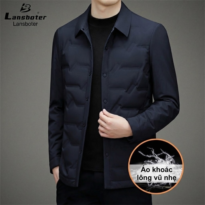 Áo Khoác Phao Nam Lông Vũ Mỏng Nhẹ Cổ Bẻ Màu Xám, Xanh Navy, Đen