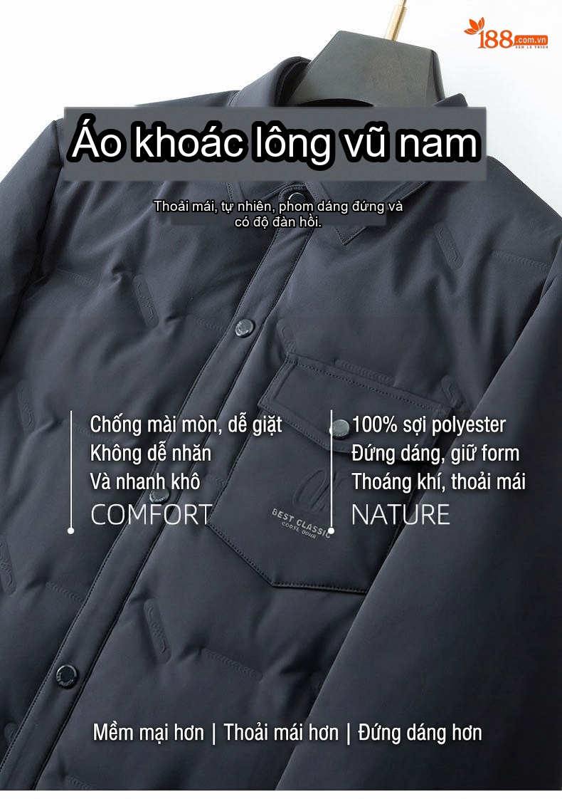 Áo Khoác Phao Nam Lông Vũ Vịt Trắng Dáng Sơ Mi Giữ Ấm Phong Cách Doanh Nhân Màu Xanh Navy, Be chi tiết 1