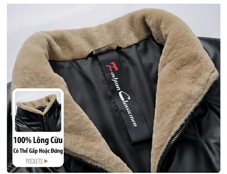 Áo Khoác Phao Nam Lót Lông Cừu Cổ Bẻ Chống Gió Giữ Ấm Chống Thấm Nước Màu Đen chi tiết 9