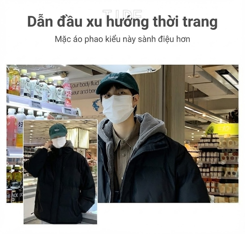 Áo Khoác Phao Nam Lót Lông Cừu Non Dày Dặn Giả Hai Lớp Có Mũ Trùm Đầu Màu Be, Đen chi tiết 2
