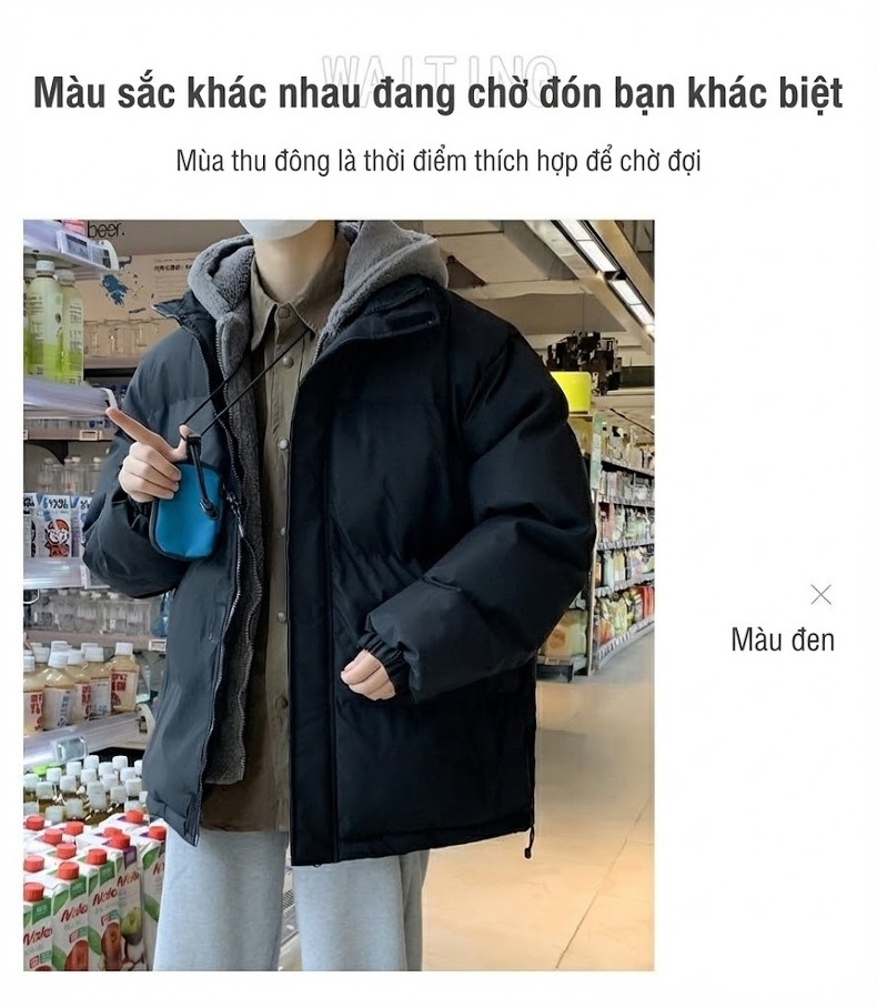 Áo Khoác Phao Nam Lót Lông Cừu Non Dày Dặn Giả Hai Lớp Có Mũ Trùm Đầu Màu Be, Đen chi tiết 4