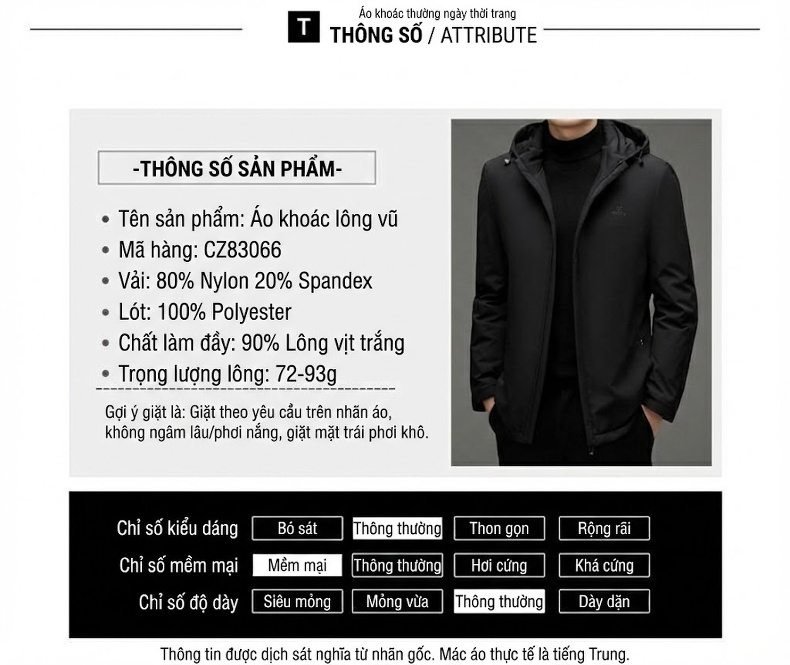 Áo Khoác Phao Nam Lót Lông Vũ Tháo Rời Giữ Ấm Nhiều Lớp chi tiết 10