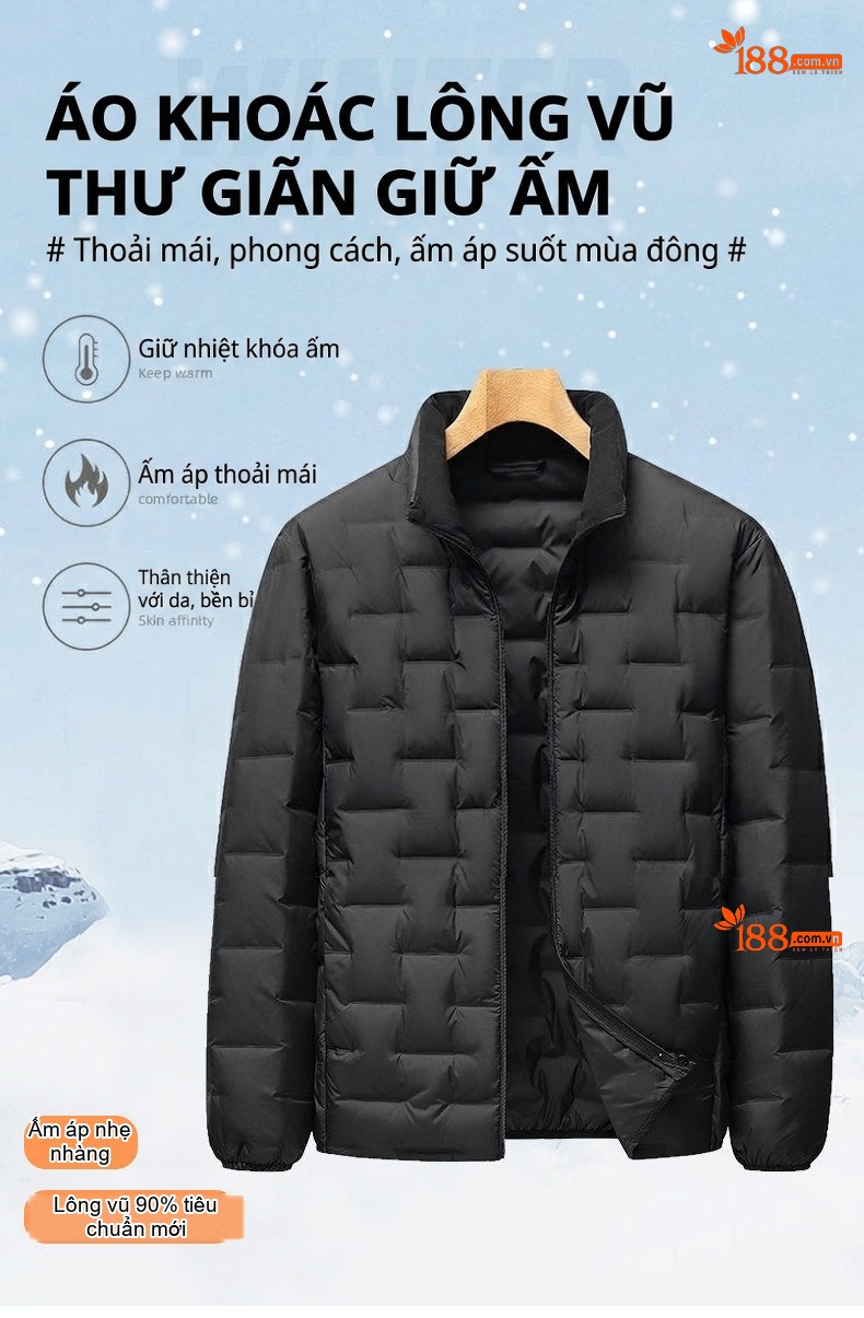 Áo Khoác Phao Nam Lót Lông Vũ Trắng Dáng Đứng Khóa Kéo Phong Cách Trẻ Trung Màu Xanh Navy, Xám, Đen chi tiết 1