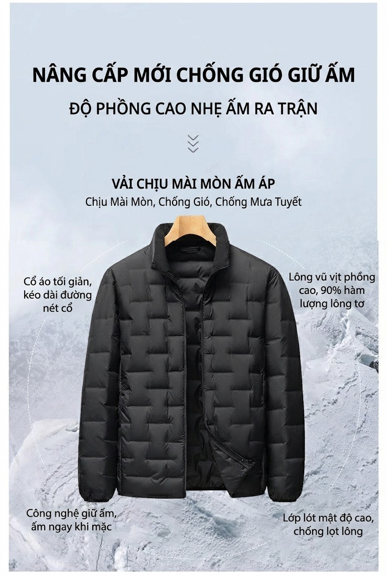 Áo Khoác Phao Nam Lót Lông Vũ Trắng Dáng Đứng Khóa Kéo Phong Cách Trẻ Trung Màu Xanh Navy, Xám, Đen chi tiết 2