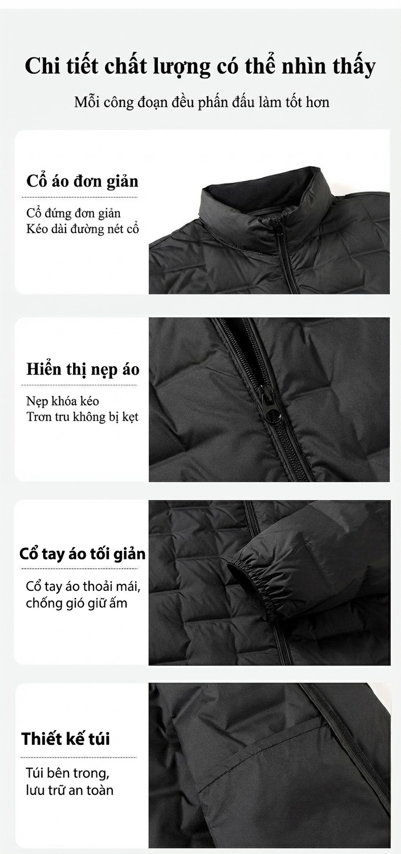 Áo Khoác Phao Nam Lót Lông Vũ Trắng Dáng Đứng Khóa Kéo Phong Cách Trẻ Trung Màu Xanh Navy, Xám, Đen chi tiết 7