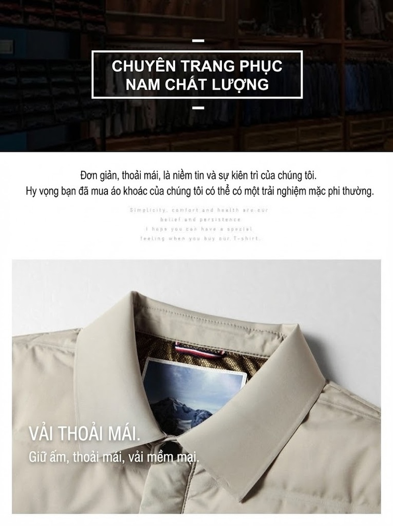 Áo Khoác Phao Nam Lót Lông Vũ Trắng Mỏng Nhẹ Giữ Ấm Kiểu Sơ Mi Màu Kem, Xám, Đen chi tiết 6