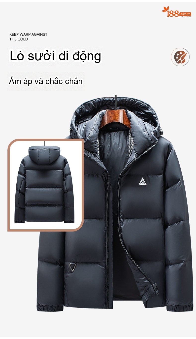 Áo Khoác Phao Nam Mũ Trùm Đầu Lông Vịt Trắng 90% Giữ Ấm Chống Gió chi tiết 3