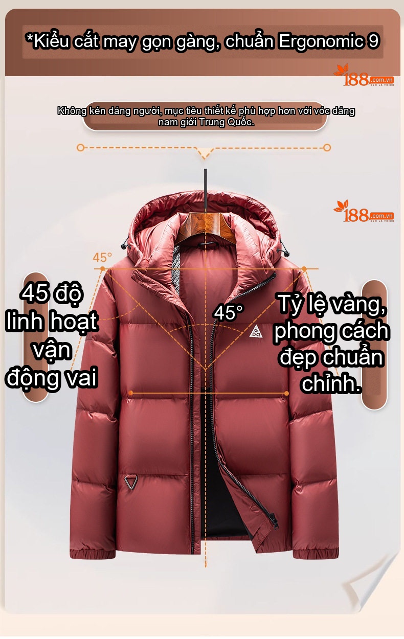 Áo Khoác Phao Nam Mũ Trùm Đầu Lông Vịt Trắng 90% Giữ Ấm Chống Gió chi tiết 9