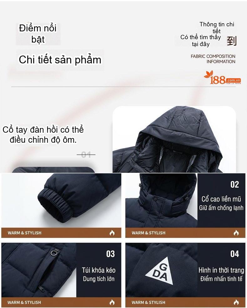 Áo Khoác Phao Nam Mũ Trùm Đầu Lông Vịt Trắng 90% Giữ Ấm Chống Gió chi tiết 10