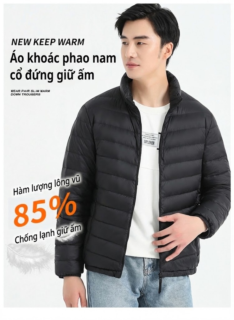 Áo Khoác Phao Nam/Nữ Cổ Trụ Dáng Ôm Ngắn Nhẹ Áo Khoác Lông Vũ Trắng Giữ Ấm Thời Trang Màu Đen, Xanh Navy, Xám... chi tiết 1