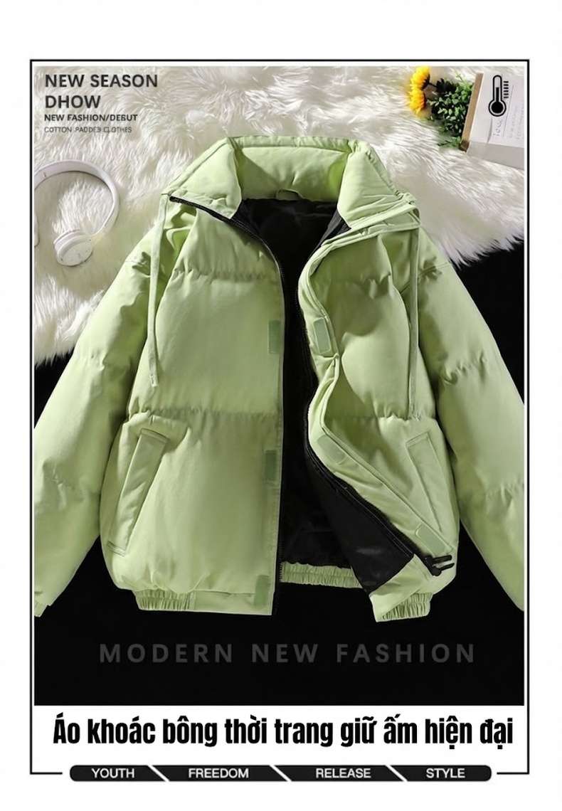 Áo Khoác Phao Nam Nữ Cotton Dáng Rộng Cổ Đứng Dày Dặn Màu Kem, Đen, Nâu, Xám... chi tiết 1