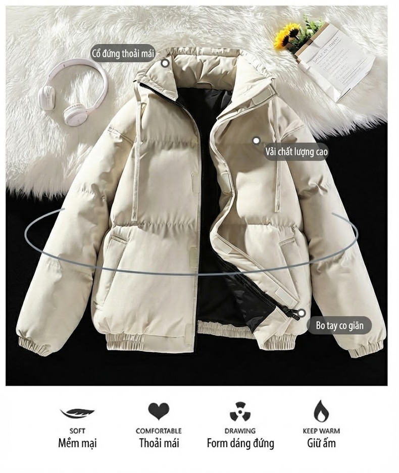Áo Khoác Phao Nam Nữ Cotton Dáng Rộng Cổ Đứng Dày Dặn Màu Kem, Đen, Nâu, Xám... chi tiết 2