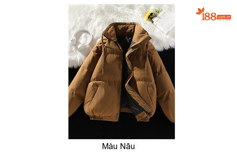 Áo Khoác Phao Nam Nữ Cotton Dáng Rộng Cổ Đứng Dày Dặn Màu Kem, Đen, Nâu, Xám... chi tiết 5