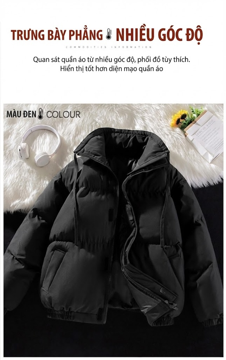 Áo Khoác Phao Nam Nữ Cotton Dáng Rộng Cổ Đứng Dày Dặn Màu Kem, Đen, Nâu, Xám... chi tiết 8