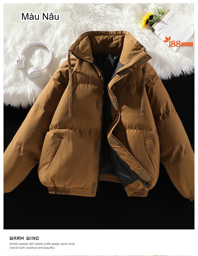 Áo Khoác Phao Nam Nữ Cotton Dáng Rộng Cổ Đứng Dày Dặn Màu Kem, Đen, Nâu, Xám... chi tiết 17