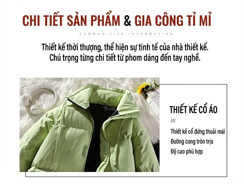 Áo Khoác Phao Nam Nữ Cotton Dáng Rộng Cổ Đứng Dày Dặn Màu Kem, Đen, Nâu, Xám... chi tiết 23