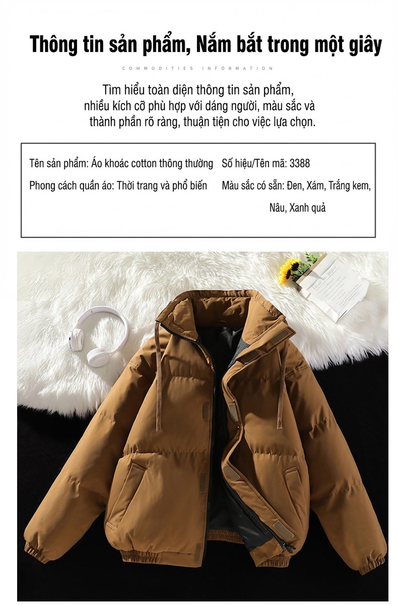 Áo Khoác Phao Nam Nữ Cotton Dáng Rộng Cổ Đứng Dày Dặn Màu Kem, Đen, Nâu, Xám... chi tiết 3