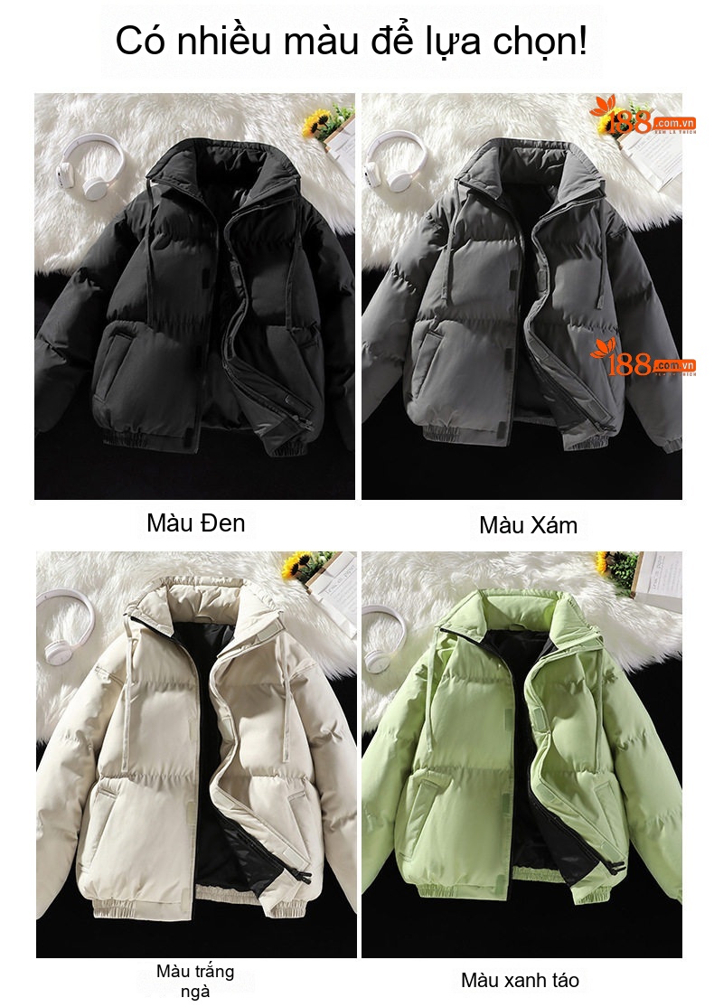 Áo Khoác Phao Nam Nữ Cotton Dáng Rộng Cổ Đứng Dày Dặn Màu Kem, Đen, Nâu, Xám... chi tiết 4
