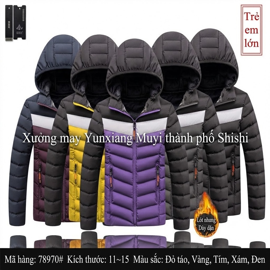 Áo Khoác Phao Nam Nữ Trẻ Em Có Mũ Trùm Đầu Lót Lông Dày Dặn Màu Đen, Vàng, Đỏ Nâu, Tím chi tiết 1