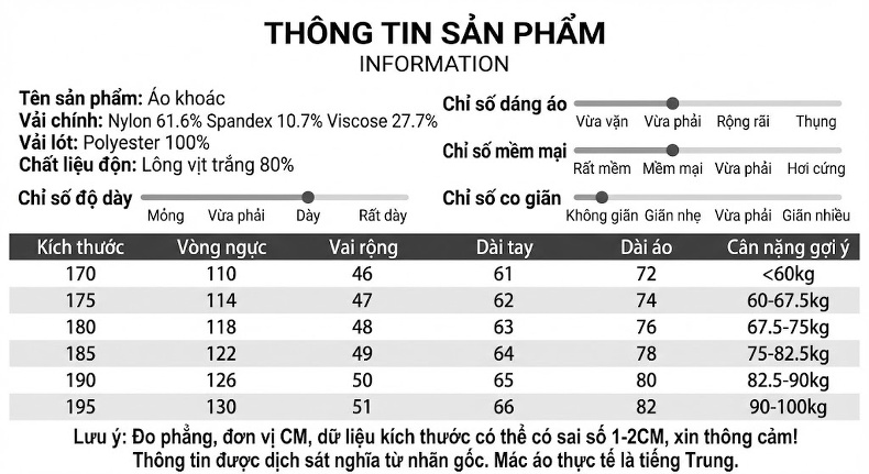Áo Khoác Phao Nam Trung Niên Lông Vũ Ruột Tháo Rời Cổ Bẻ Màu Đen chi tiết 7
