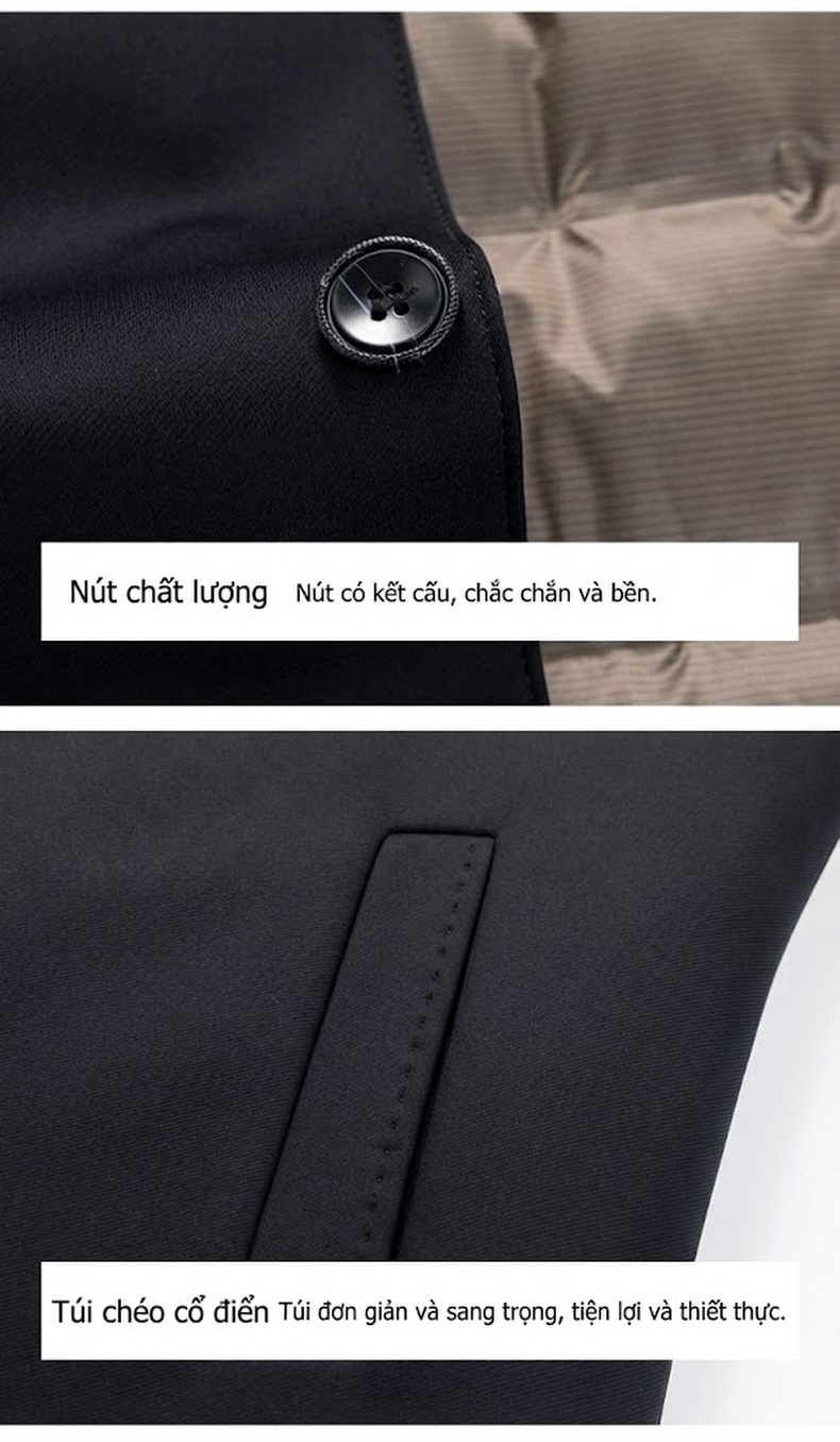 Áo Khoác Phao Nam Trung Niên Lông Vũ Ruột Tháo Rời Cổ Bẻ Màu Đen chi tiết 17