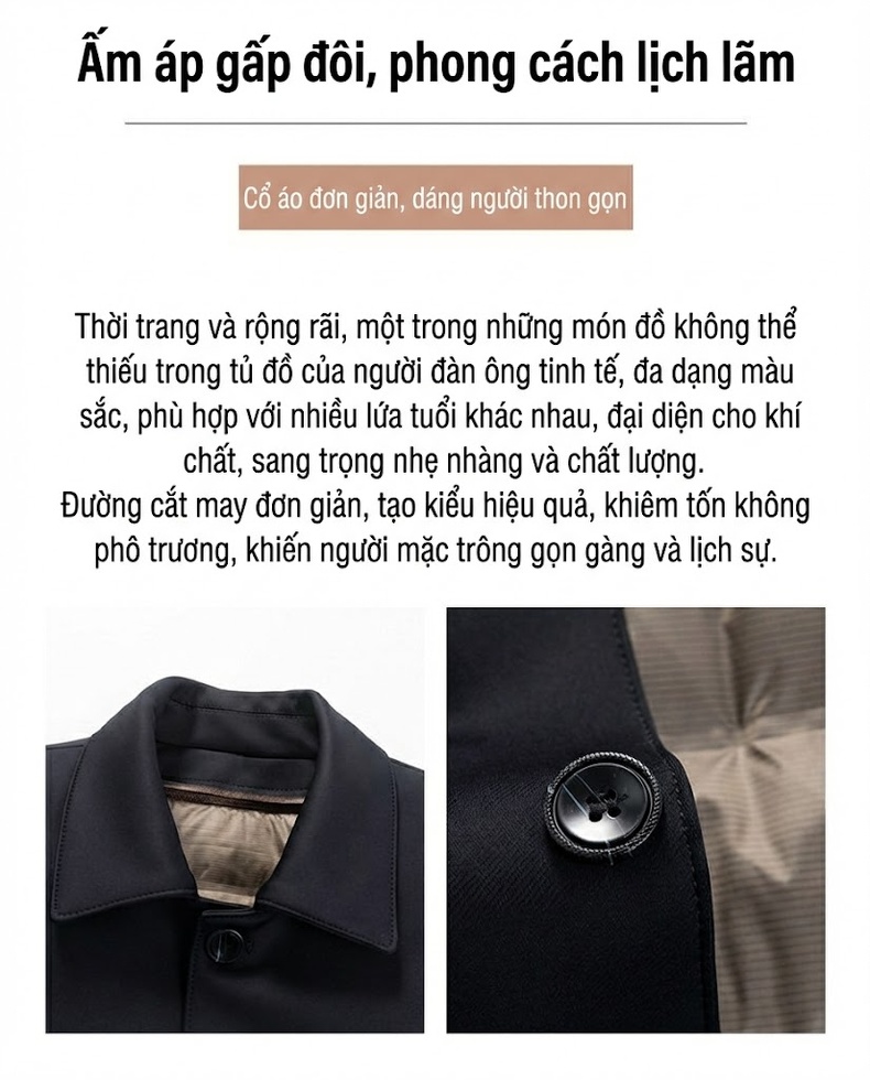 Áo Khoác Phao Nam Trung Niên Lông Vũ Ruột Tháo Rời Cổ Bẻ Màu Đen chi tiết 6