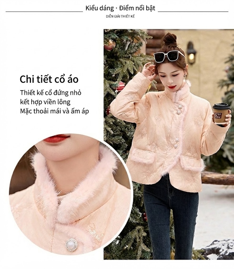 Áo Khoác Phao Nữ Bạch Áp Nhung Quốc Phong Cổ Điển Viền Lông Cáo Cao Cấp Màu Trắng, Hồng chi tiết 8