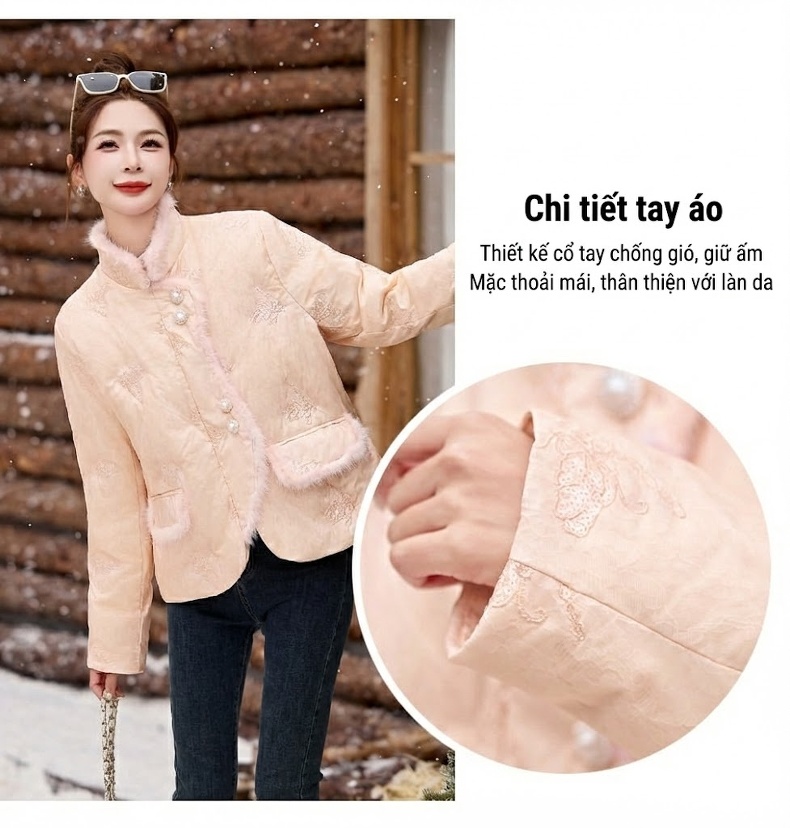Áo Khoác Phao Nữ Bạch Áp Nhung Quốc Phong Cổ Điển Viền Lông Cáo Cao Cấp Màu Trắng, Hồng chi tiết 9