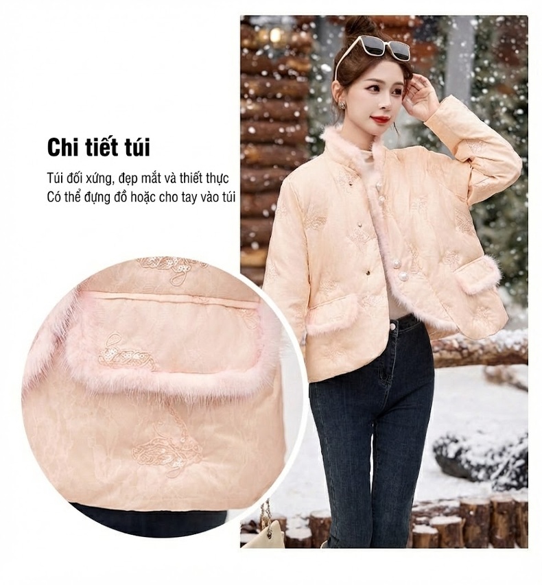 Áo Khoác Phao Nữ Bạch Áp Nhung Quốc Phong Cổ Điển Viền Lông Cáo Cao Cấp Màu Trắng, Hồng chi tiết 10