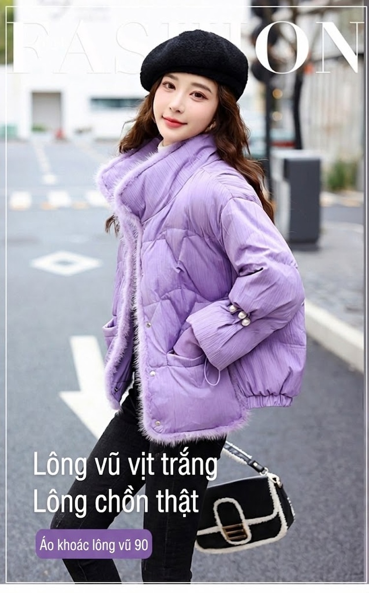 Áo Khoác Phao Nữ Cổ Trụ Ngắn Tay Bồng 90 Bạch Áp Nhung Màu Trắng, Đen, Tím chi tiết 1