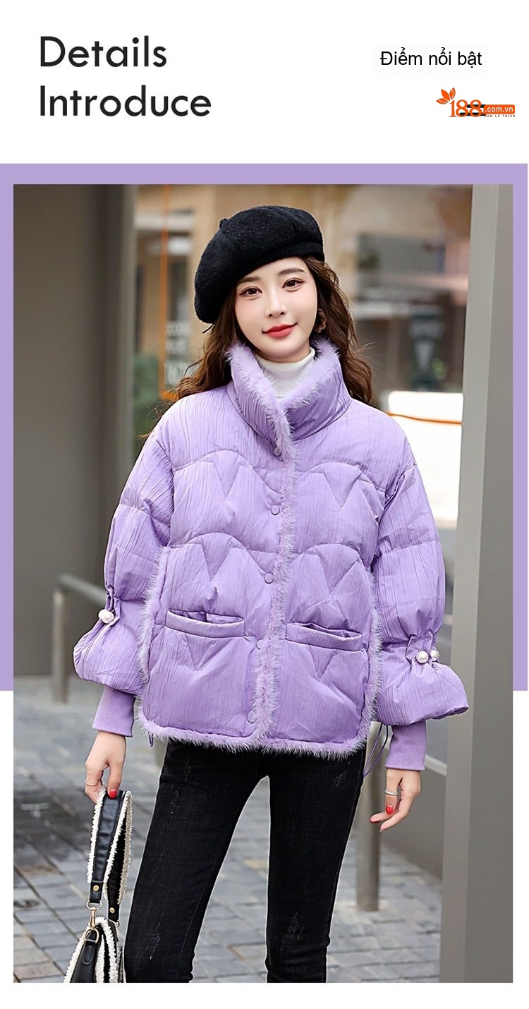 Áo Khoác Phao Nữ Cổ Trụ Ngắn Tay Bồng 90 Bạch Áp Nhung Màu Trắng, Đen, Tím chi tiết 4