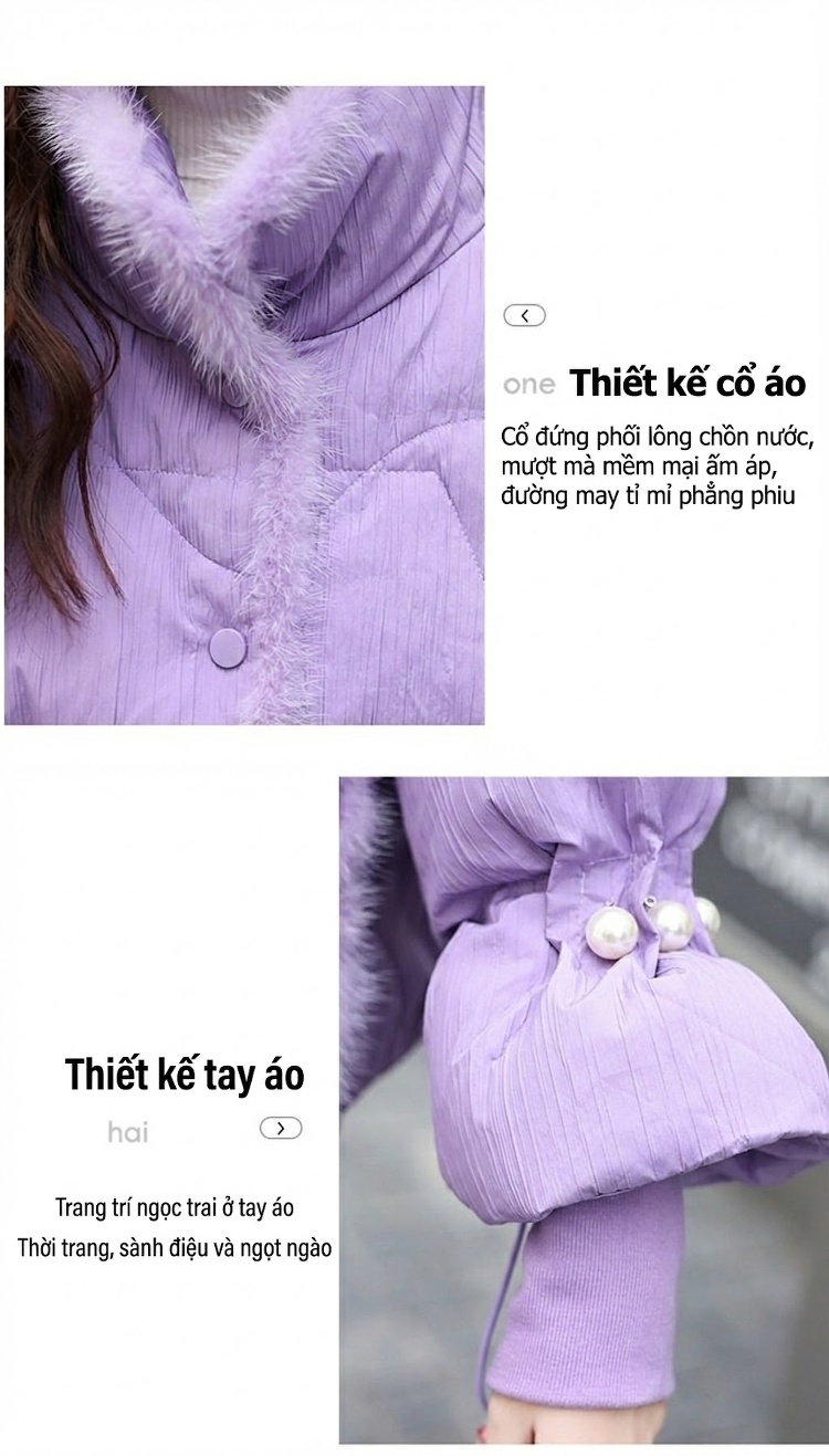 Áo Khoác Phao Nữ Cổ Trụ Ngắn Tay Bồng 90 Bạch Áp Nhung Màu Trắng, Đen, Tím chi tiết 8