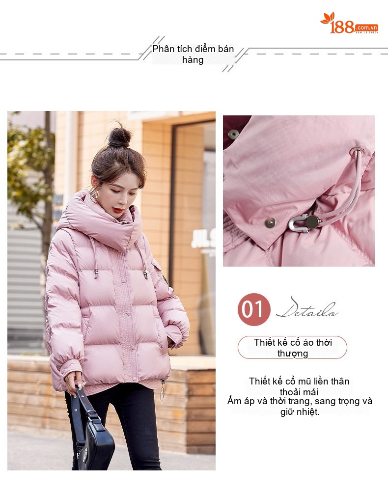 Áo Khoác Phao Nữ Cotton Dáng Ngắn Màu Trắng, Đen, Hồng chi tiết 3