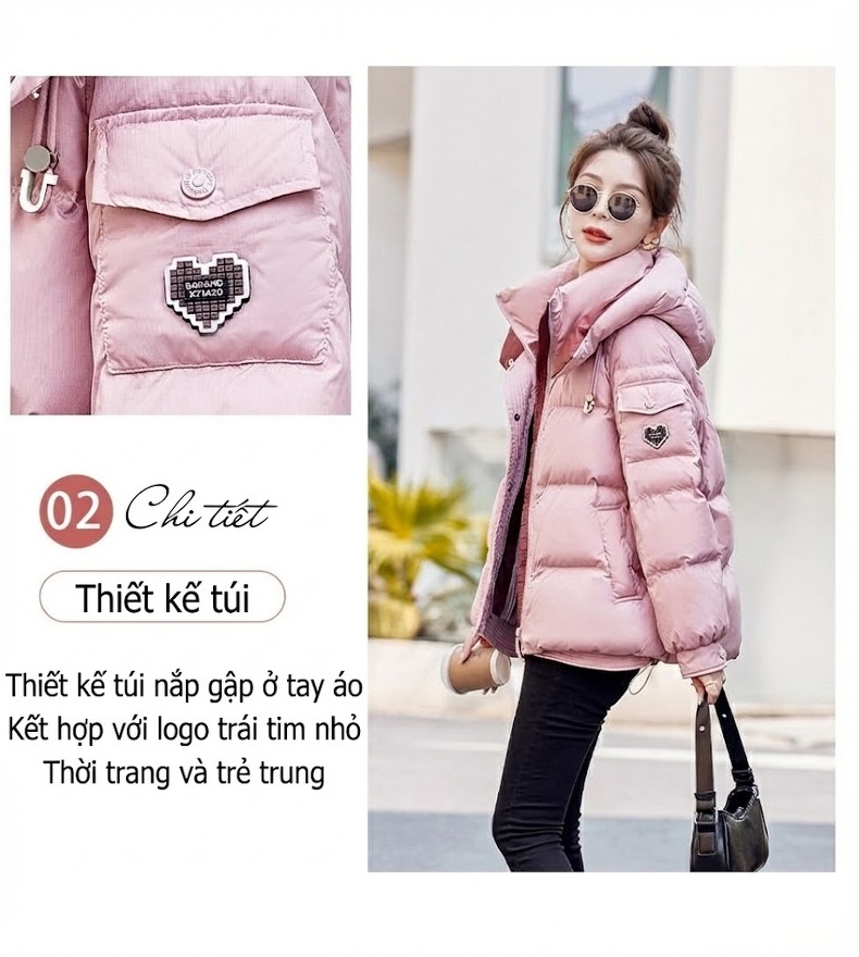 Áo Khoác Phao Nữ Cotton Dáng Ngắn Màu Trắng, Đen, Hồng chi tiết 4