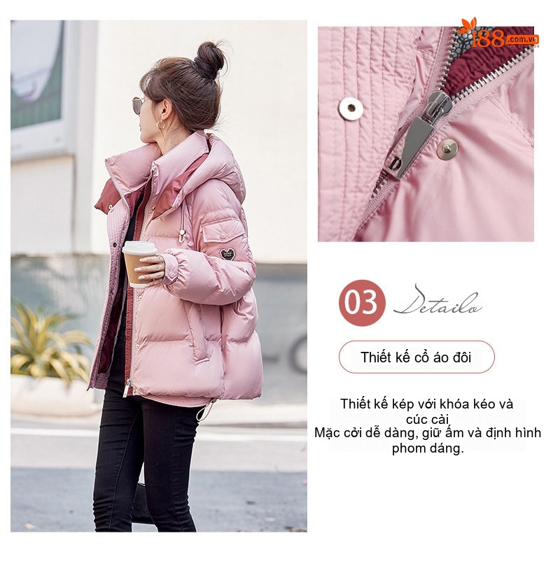 Áo Khoác Phao Nữ Cotton Dáng Ngắn Màu Trắng, Đen, Hồng chi tiết 5