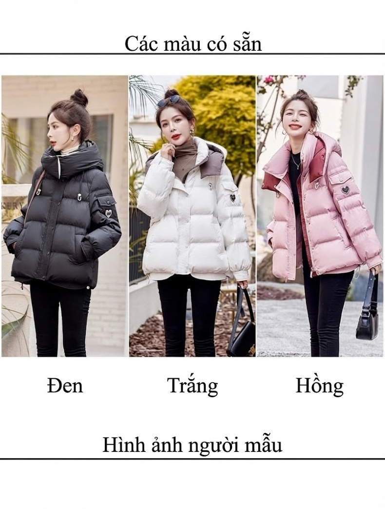 Áo Khoác Phao Nữ Cotton Dáng Ngắn Màu Trắng, Đen, Hồng chi tiết 9