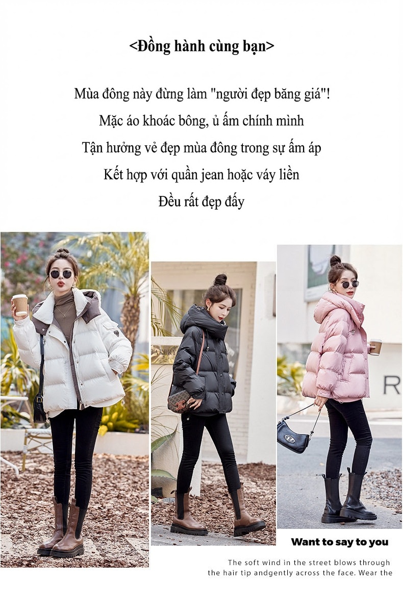Áo Khoác Phao Nữ Cotton Dáng Ngắn Màu Trắng, Đen, Hồng chi tiết 2