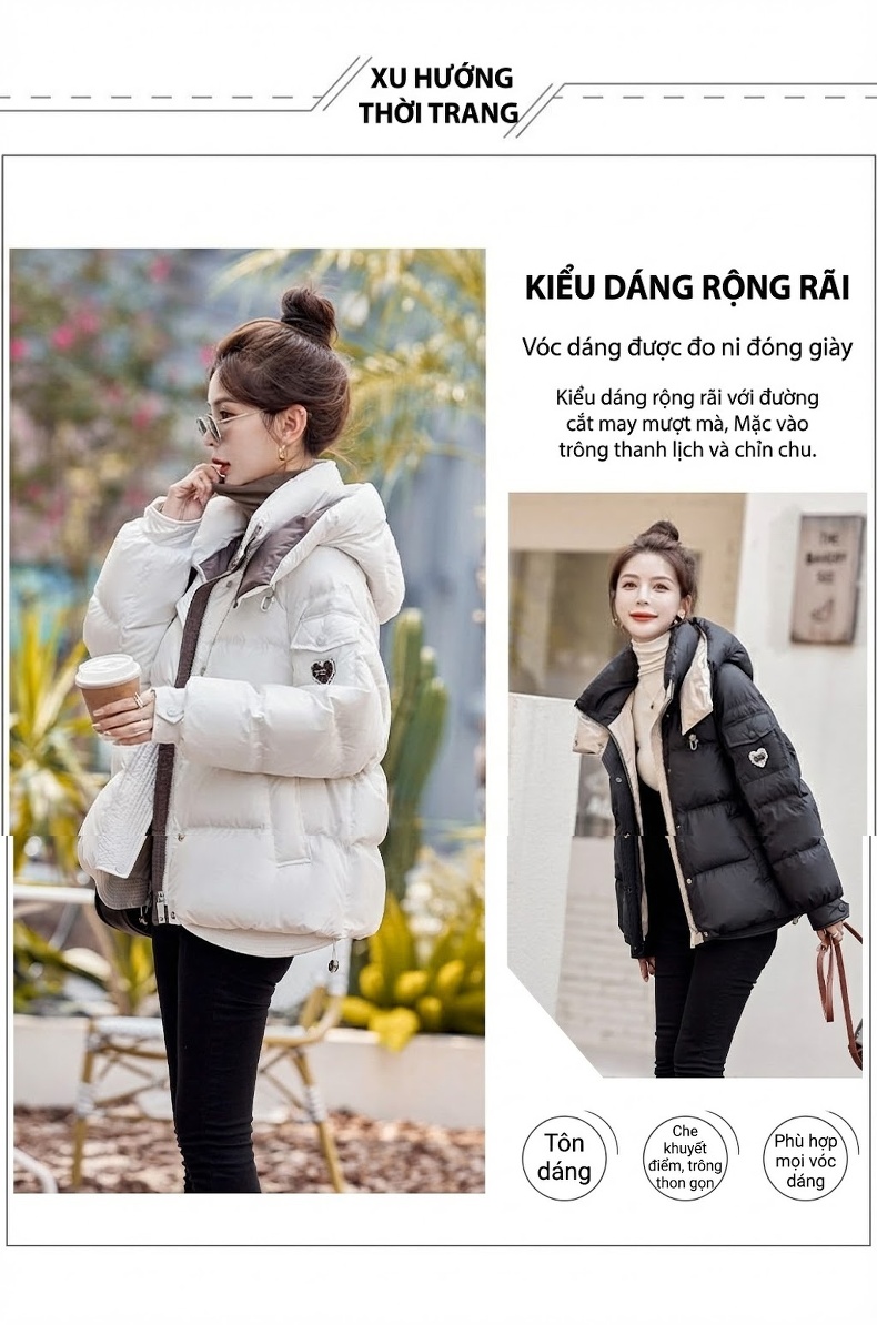Áo Khoác Phao Nữ Cotton Dáng Ngắn Màu Trắng, Đen, Hồng chi tiết 6