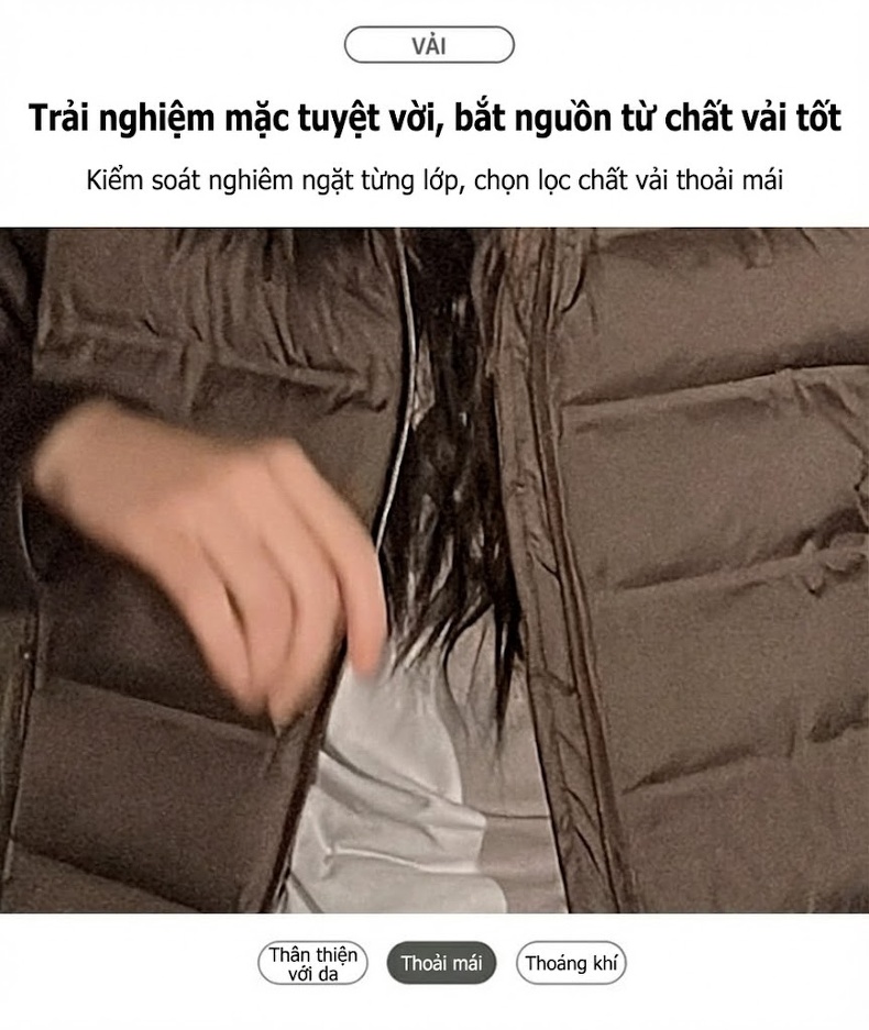 Áo Khoác Phao Nữ Cotton Mỏng Nhẹ Dáng Ôm Cổ Trụ Màu Đen, Trắng, Xanh, Nâu... chi tiết 10