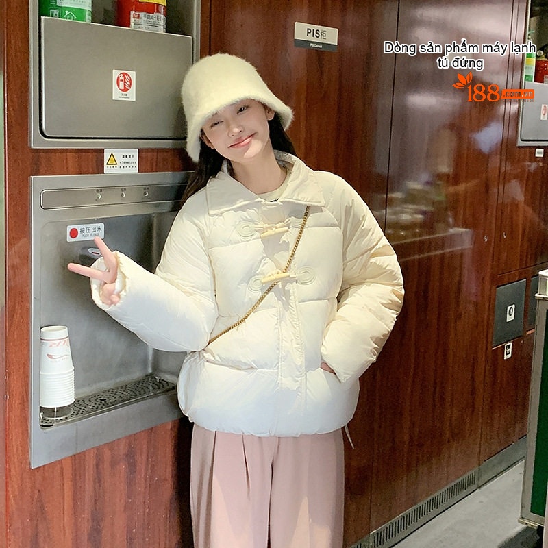 Áo Khoác Phao Nữ Cotton Ngắn Tay Cài Khuy Sừng Phong Cách Ulzzang Màu Trắng, Đen, Vàng, Xanh Rêu