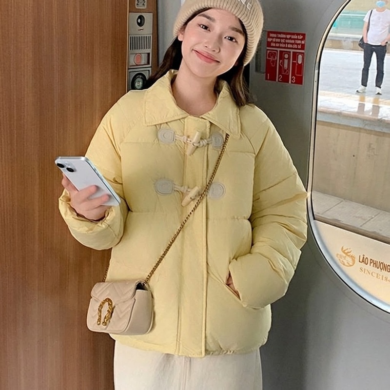 Áo Khoác Phao Nữ Cotton Ngắn Tay Cài Khuy Sừng Phong Cách Ulzzang Màu Trắng, Đen, Vàng, Xanh Rêu