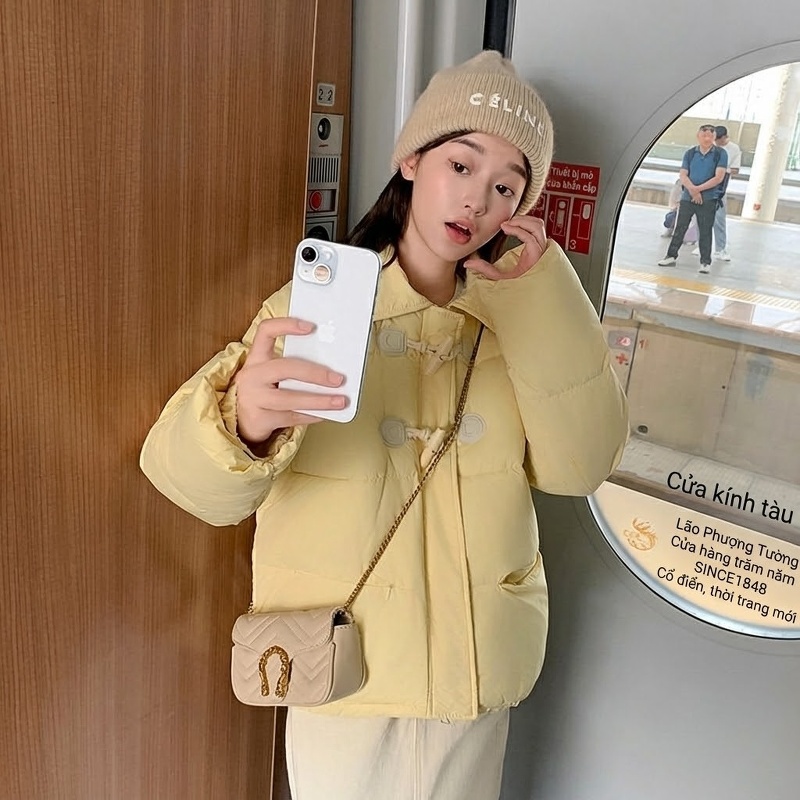 Áo Khoác Phao Nữ Cotton Ngắn Tay Cài Khuy Sừng Phong Cách Ulzzang Màu Trắng, Đen, Vàng, Xanh Rêu