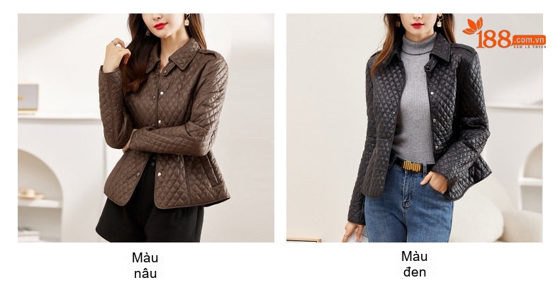 Áo Khoác Phao Nữ Cotton Trám Ô Cổ Bẻ Thiết Kế Nhỏ Nhắn Màu Đen, Nâu chi tiết 11