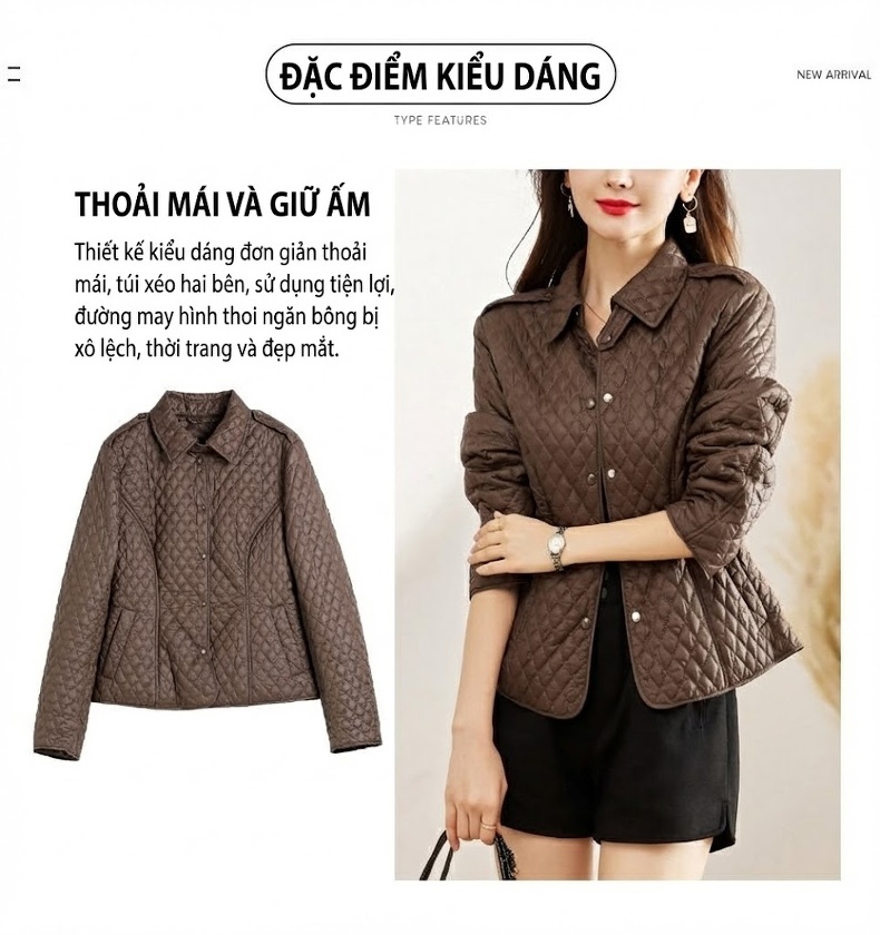 Áo Khoác Phao Nữ Cotton Trám Ô Cổ Bẻ Thiết Kế Nhỏ Nhắn Màu Đen, Nâu chi tiết 3