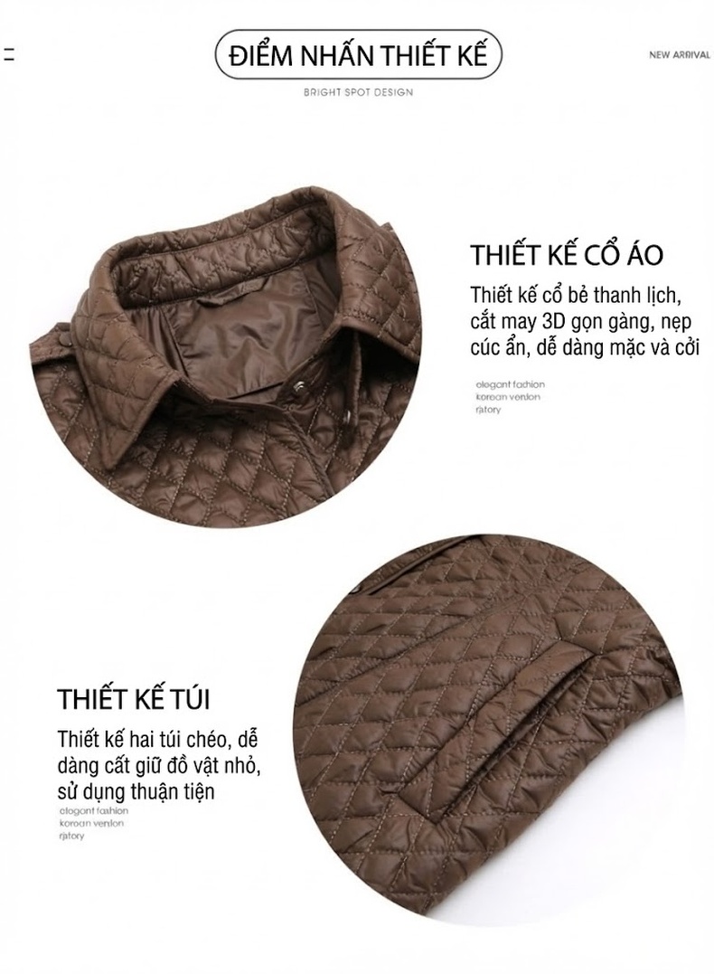 Áo Khoác Phao Nữ Cotton Trám Ô Cổ Bẻ Thiết Kế Nhỏ Nhắn Màu Đen, Nâu chi tiết 4